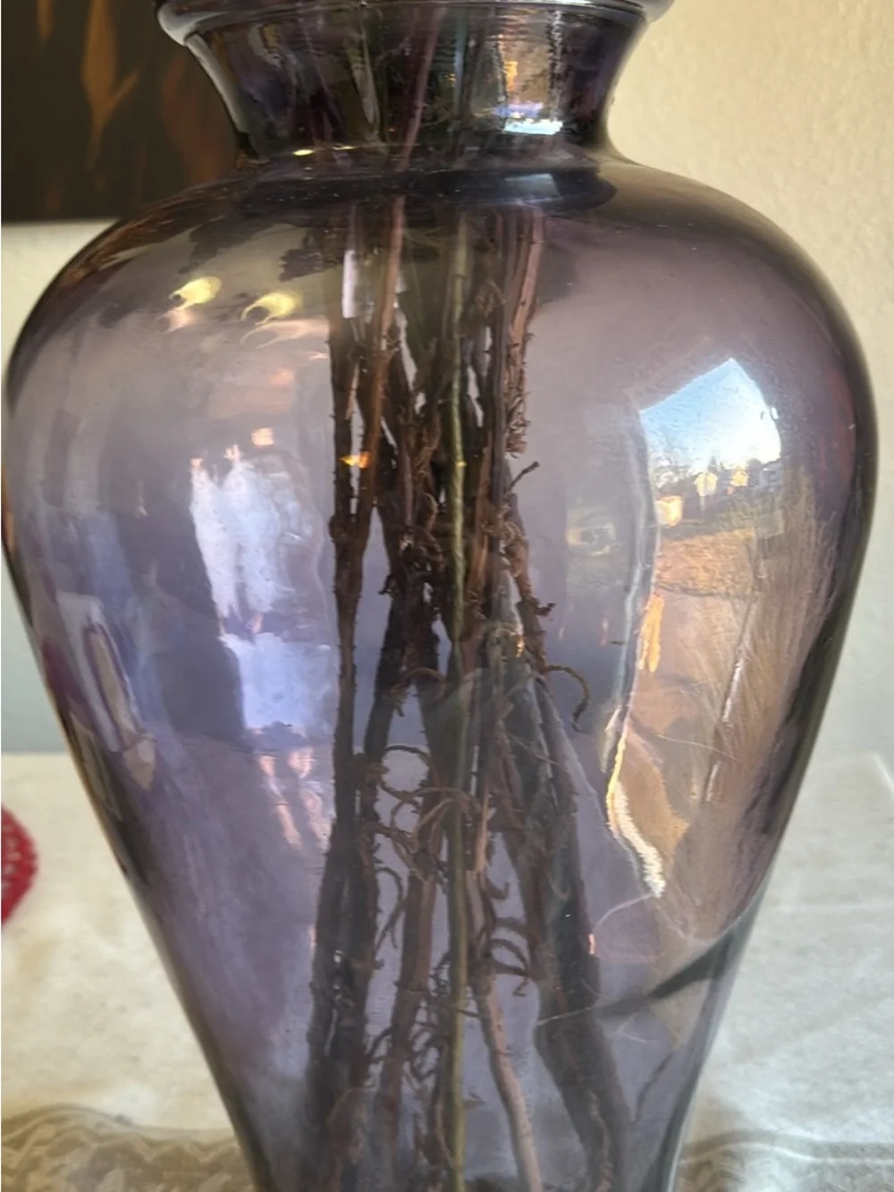 Purple Glass Decorative Floor Vase with Dried Floral Arrangement